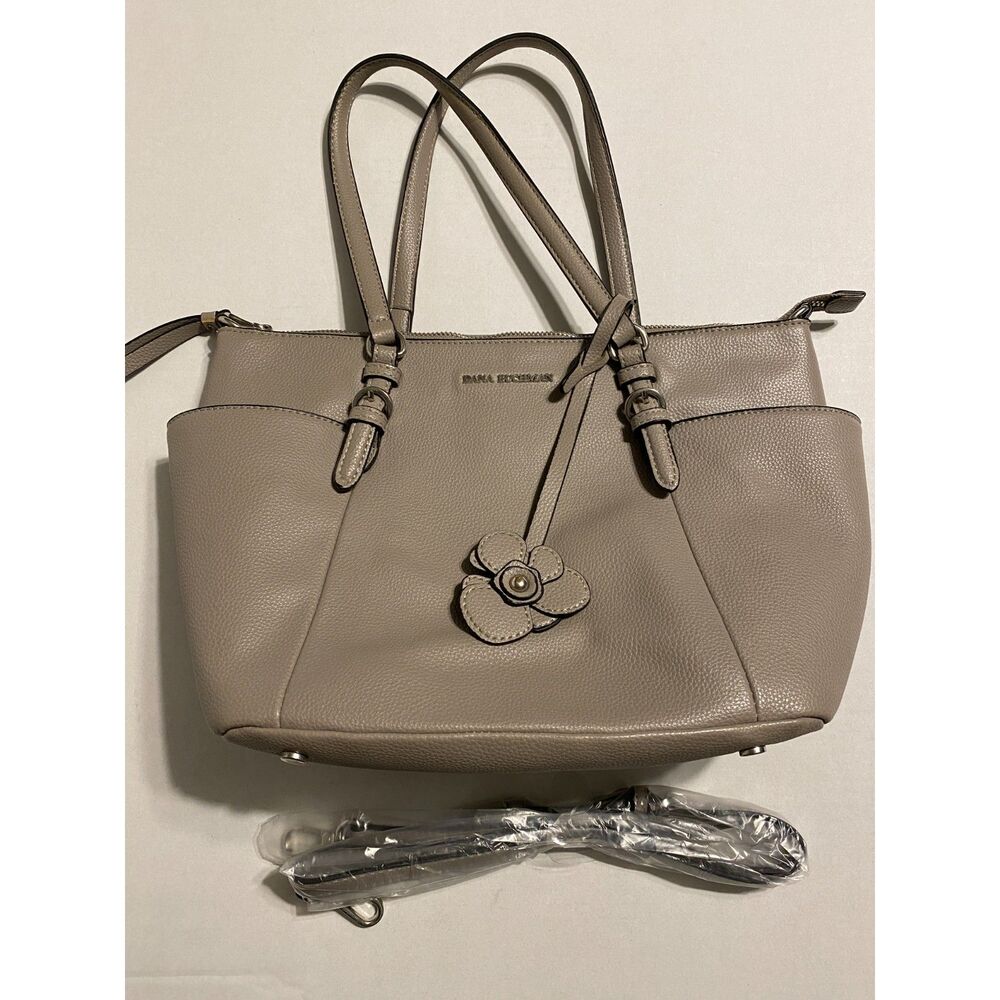 Dana Buchman Grey Handbag Optional Long Strap Zip Close Flower Charm - Picture 2 of 16